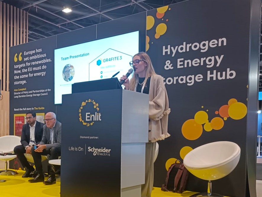 Photo of project coordinator (RINA-C) speaking at the ENLIT event to represent the GR4FITE3 project