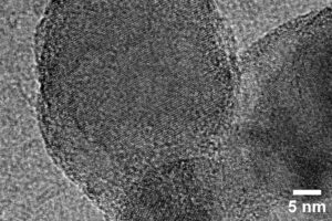 TEM image of Si@C showing the crystallinity of the silicon nanoparticles and also the carbon coating around the silicon nanoparticle